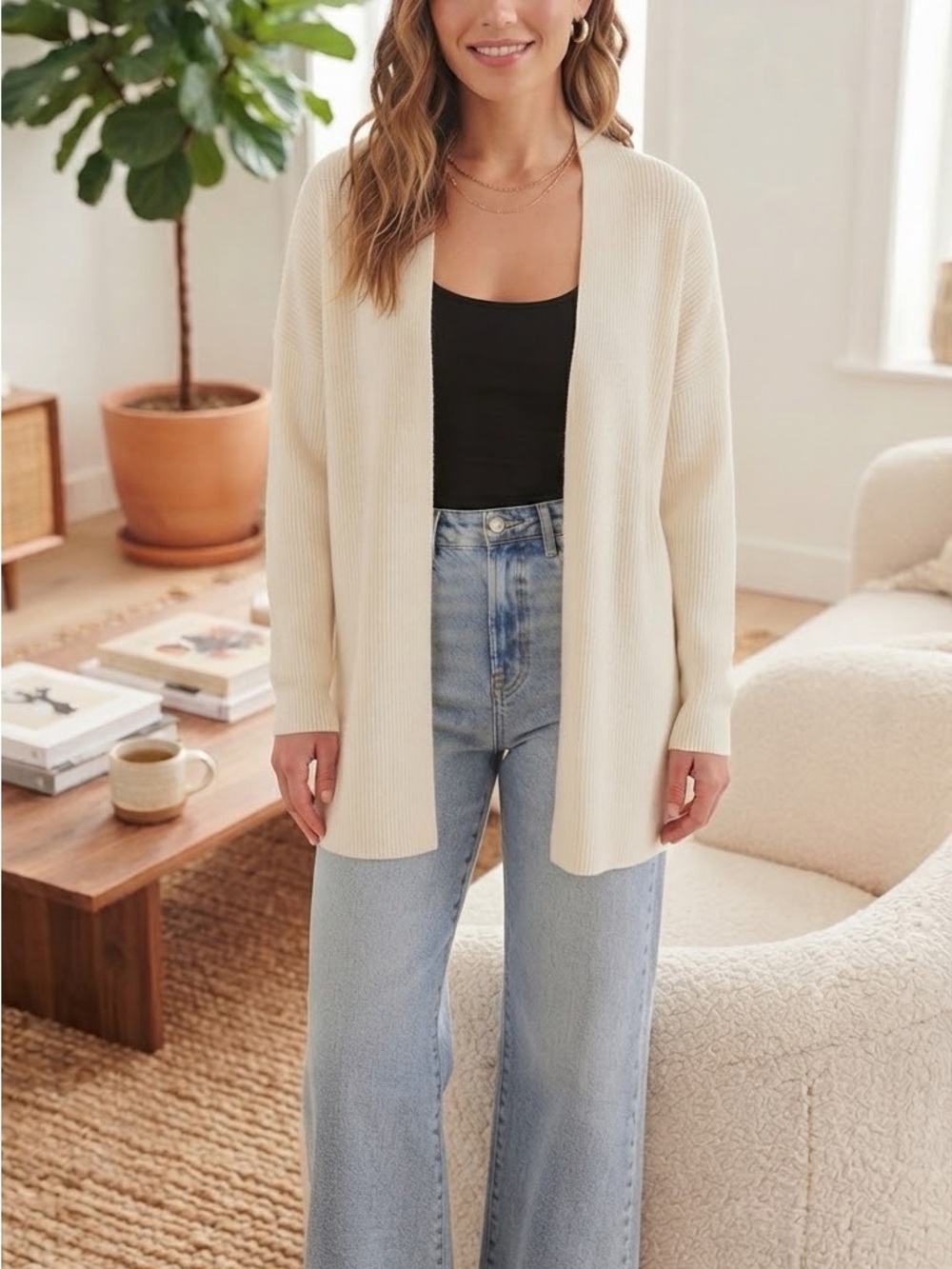 Vero Moda Cream Ribbed Open Cardigan - Picture 2 of 7